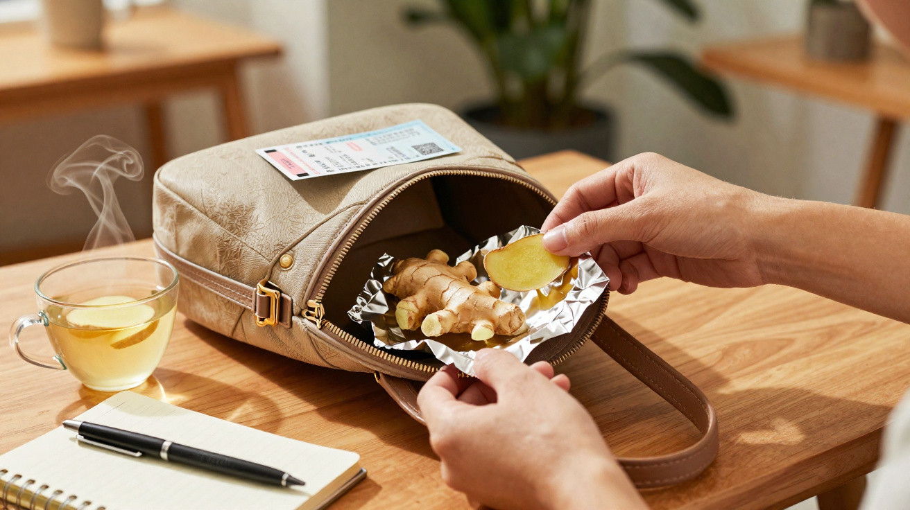 Hands holding ginger slices over a bag with fresh ginger, a steaming cup of tea, and a notebook on a wooden table.