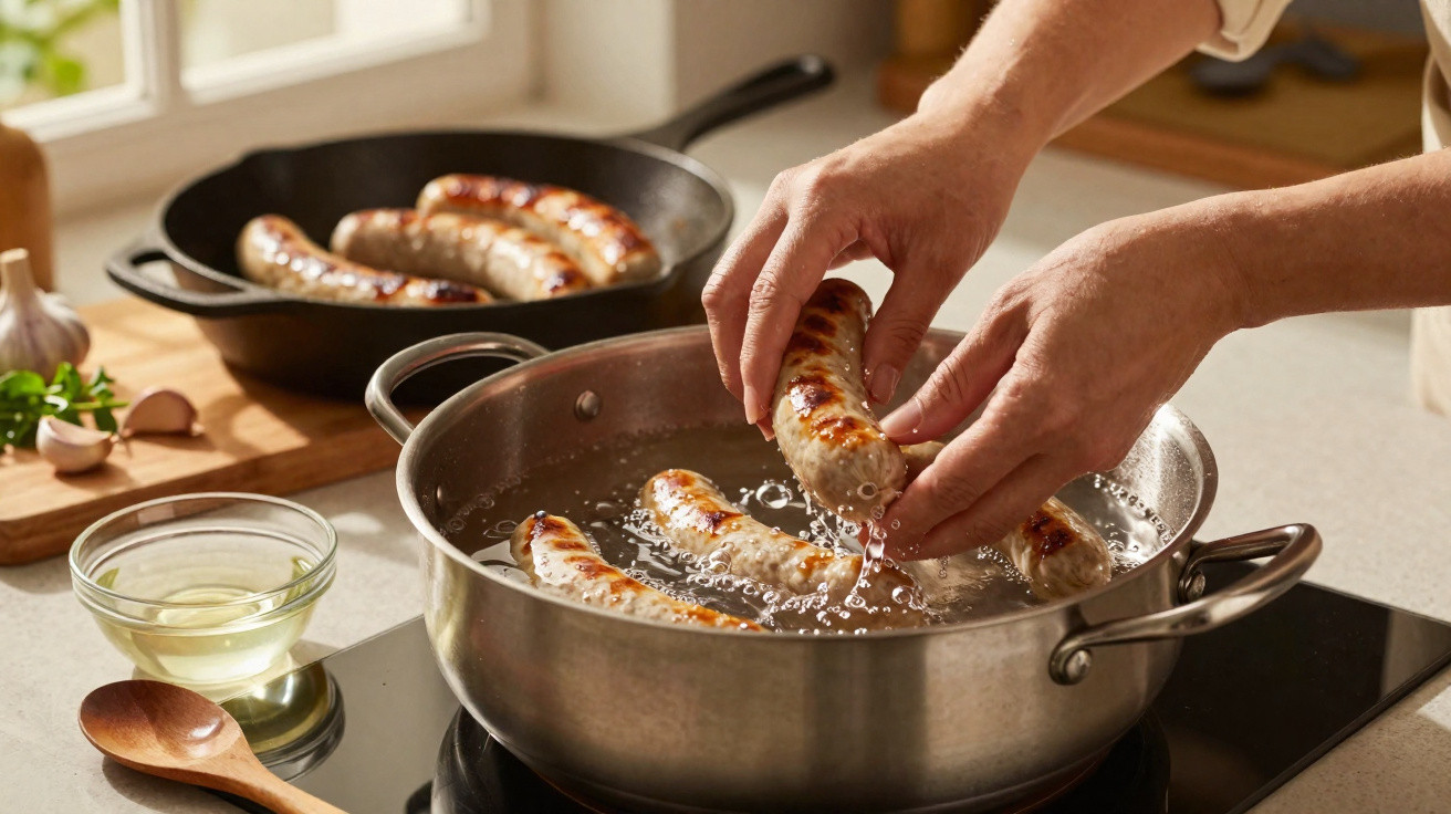 Hands placing browned sausages into boiling water in a large pan on a kitchen stove.