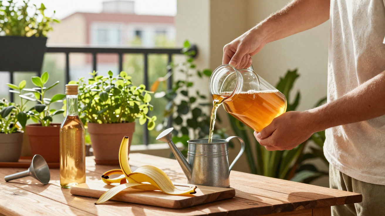 Person pouring amber liquid from a glass jug into a metal watering can on a wooden table with plants nearby.