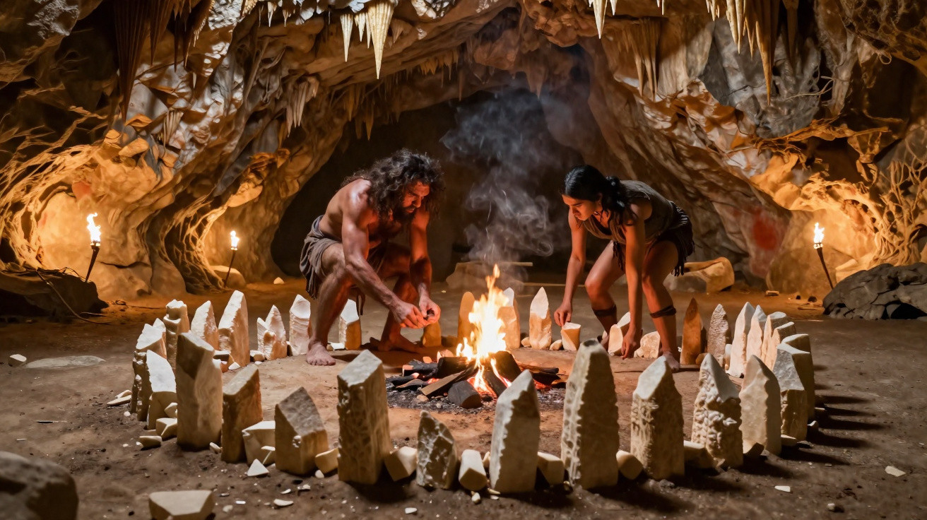 Two cavemen tending a fire inside a cave surrounded by a circle of standing stone tools and torches.