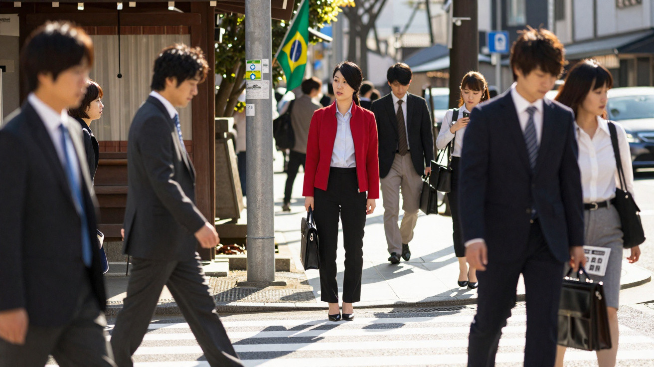 Busy street scene with businesspeople walking across a zebra crossing in daylight, one woman in red centre frame.