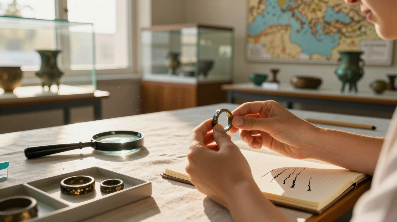 Person examining an ancient ring with a magnifying glass on a table with artifacts and notes in a study room.