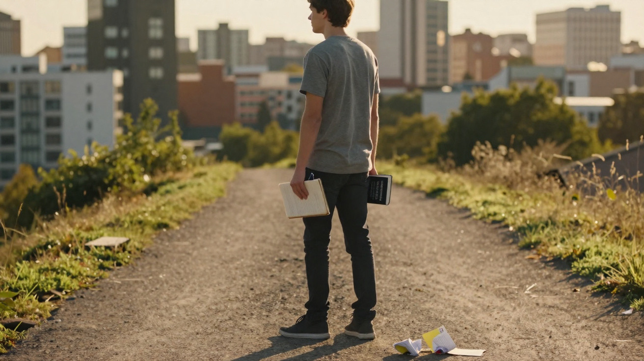 Teenage boy holding books and standing on a dirt path overlooking a cityscape at sunset with papers on the ground.