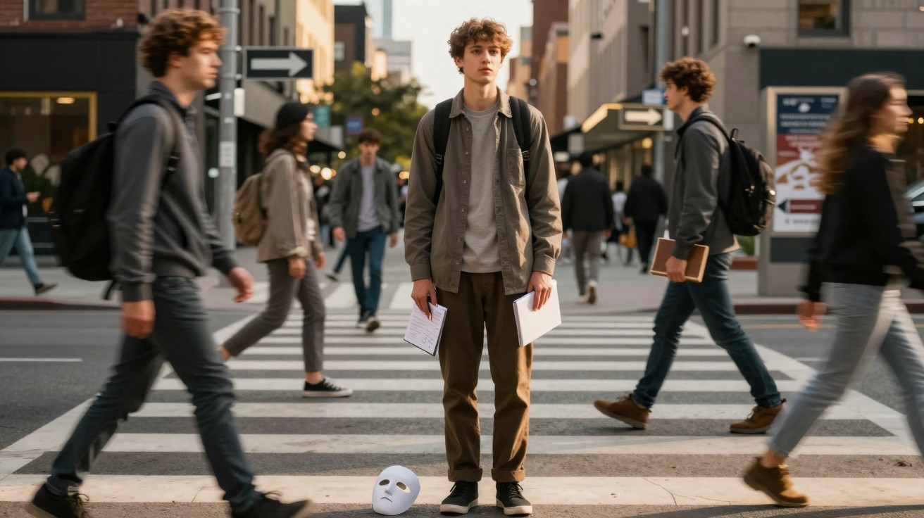 Young man with backpack holding papers stands still on busy city crossing with white mask on ground nearby.