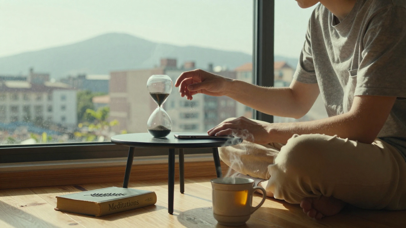 Person sitting cross-legged by a window, adjusting an hourglass on a small table next to a steaming cup and a book.
