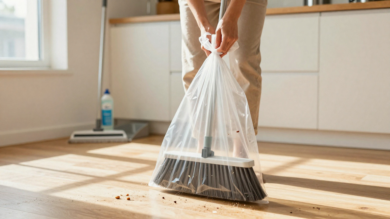 Person sweeping dirt into a dustpan lined with a plastic bag on a wooden kitchen floor.