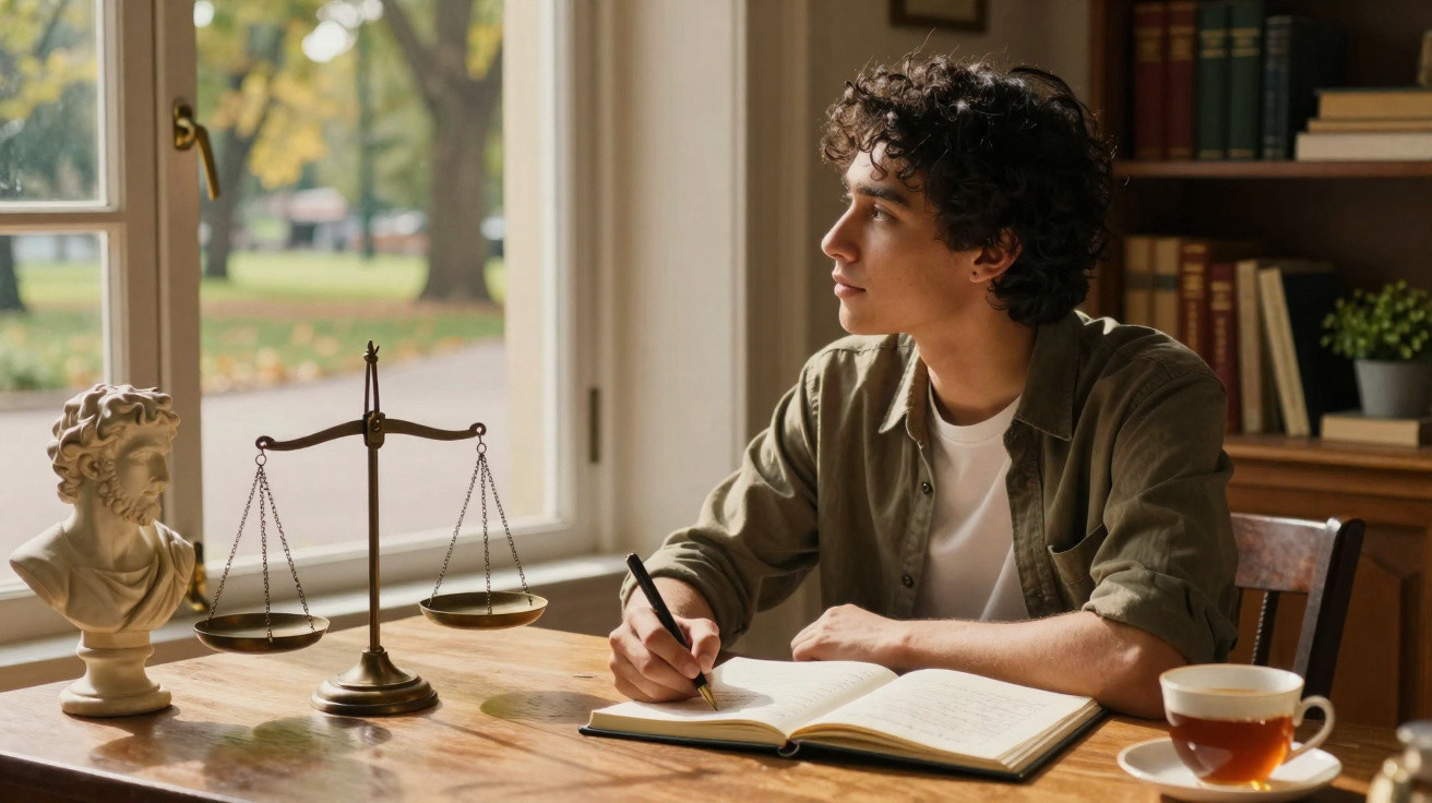 Young man writing in a notebook at a wooden desk with scales of justice and a bust in natural light.