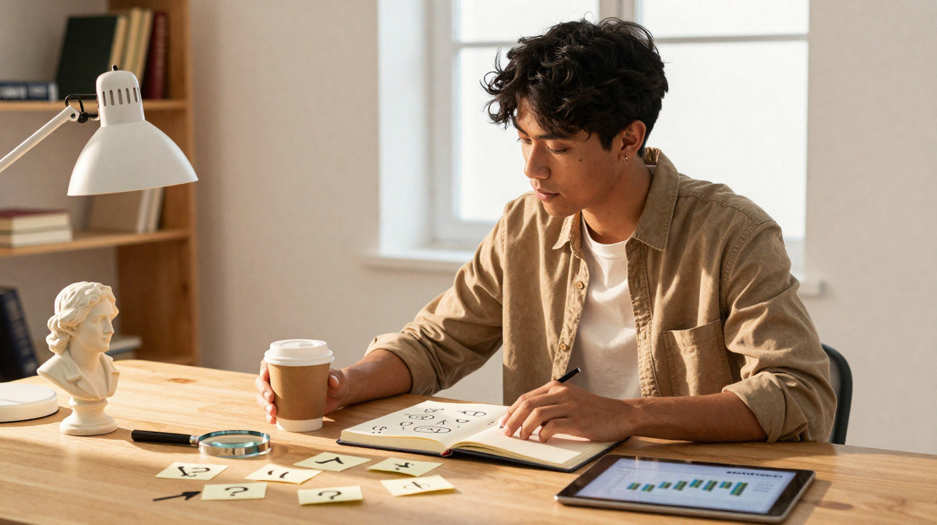 Young man holding a coffee cup and sketching ideas in a notebook at a wooden desk with an iPad nearby.