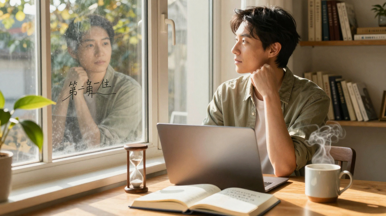 Young man with laptop and open book gazing out window, reflected on the glass, in a cozy study room.