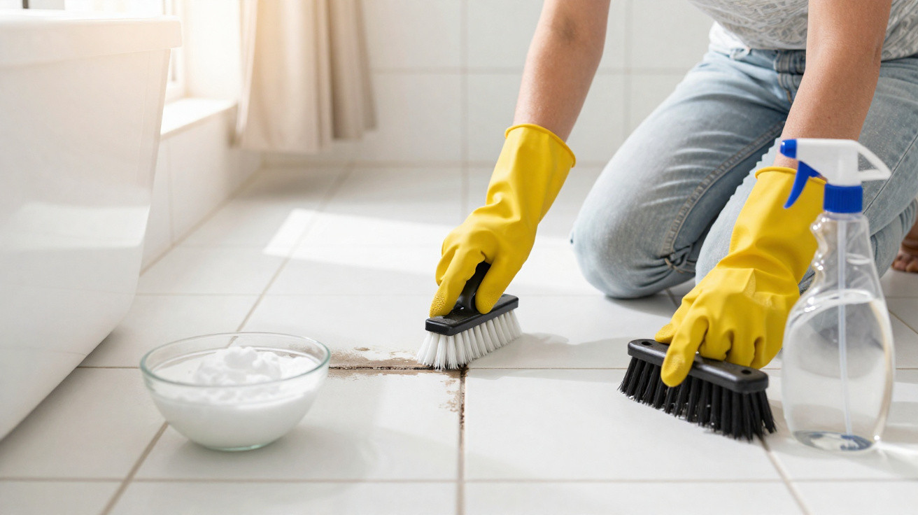 Person wearing yellow gloves scrubbing dirt from white tiled floor with brushes, bowl of cleaning powder and spray bottle nea