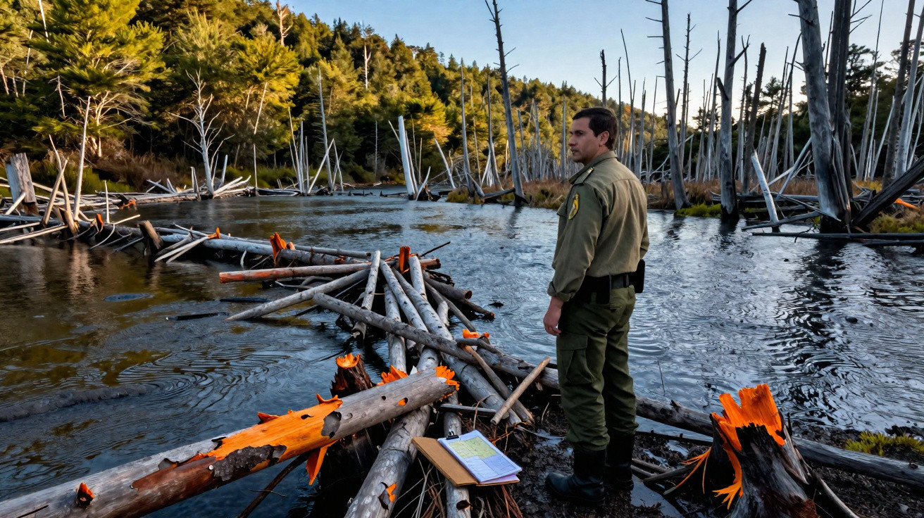 Ranger standing beside a pond with broken tree trunks and logs scattered across the water in a forest.