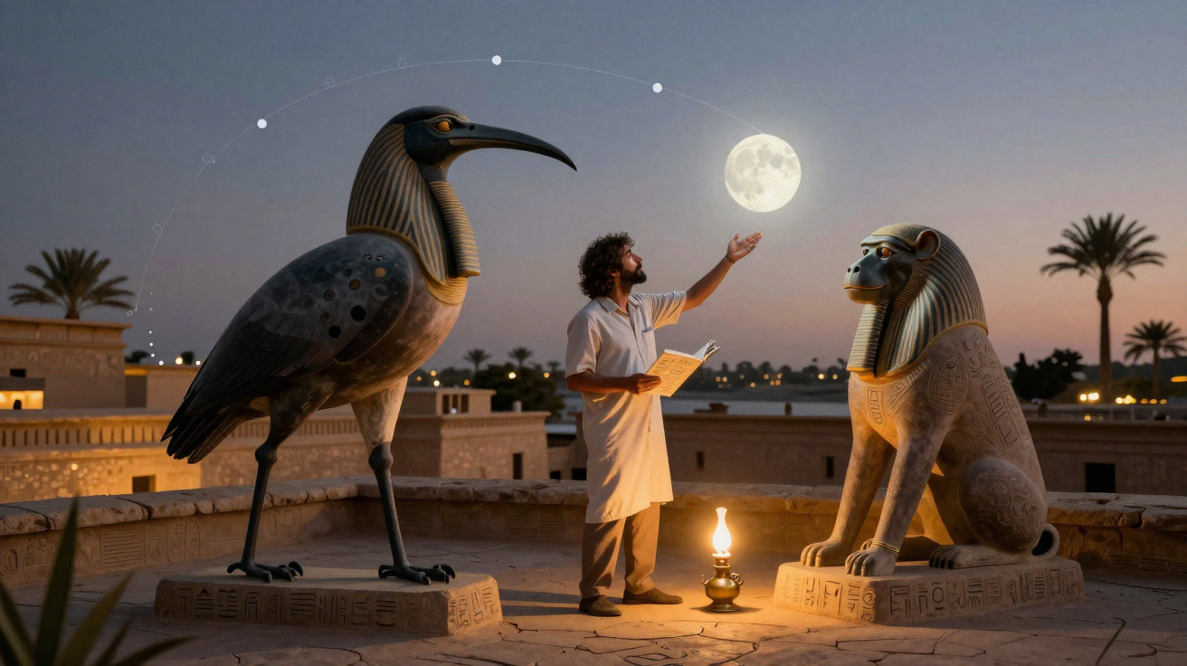 Man stands between large ancient Egyptian statues of a bird-headed figure and a baboon under a full moon at dusk.