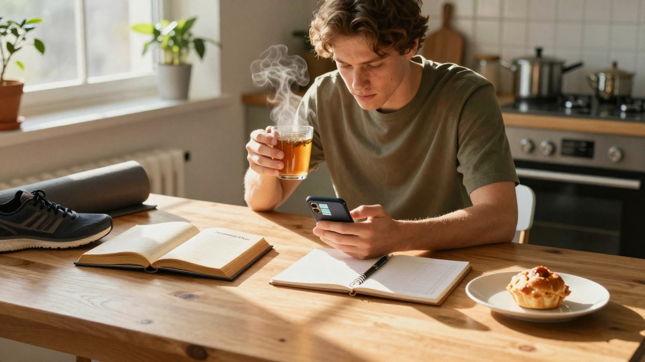 Young man drinking hot tea while using smartphone at wooden table with books and pastry in kitchen