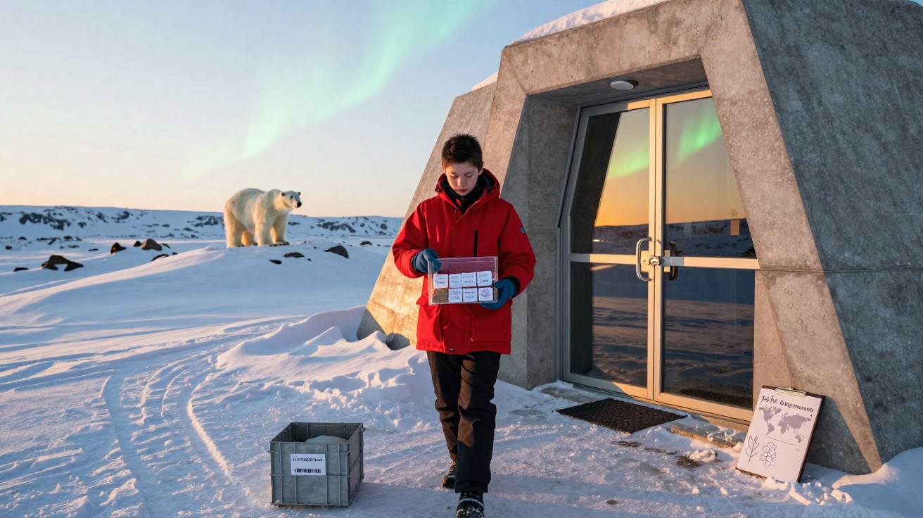 Person in a red jacket carrying a box outside a concrete structure in snowy Arctic with a polar bear in the background.