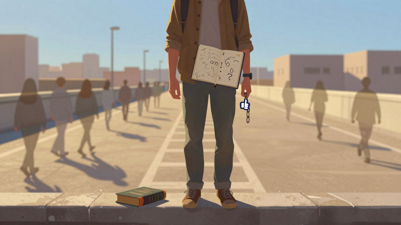 Person standing on a ledge holding a notebook with question marks, surrounded by blurred walking figures in a cityscape.