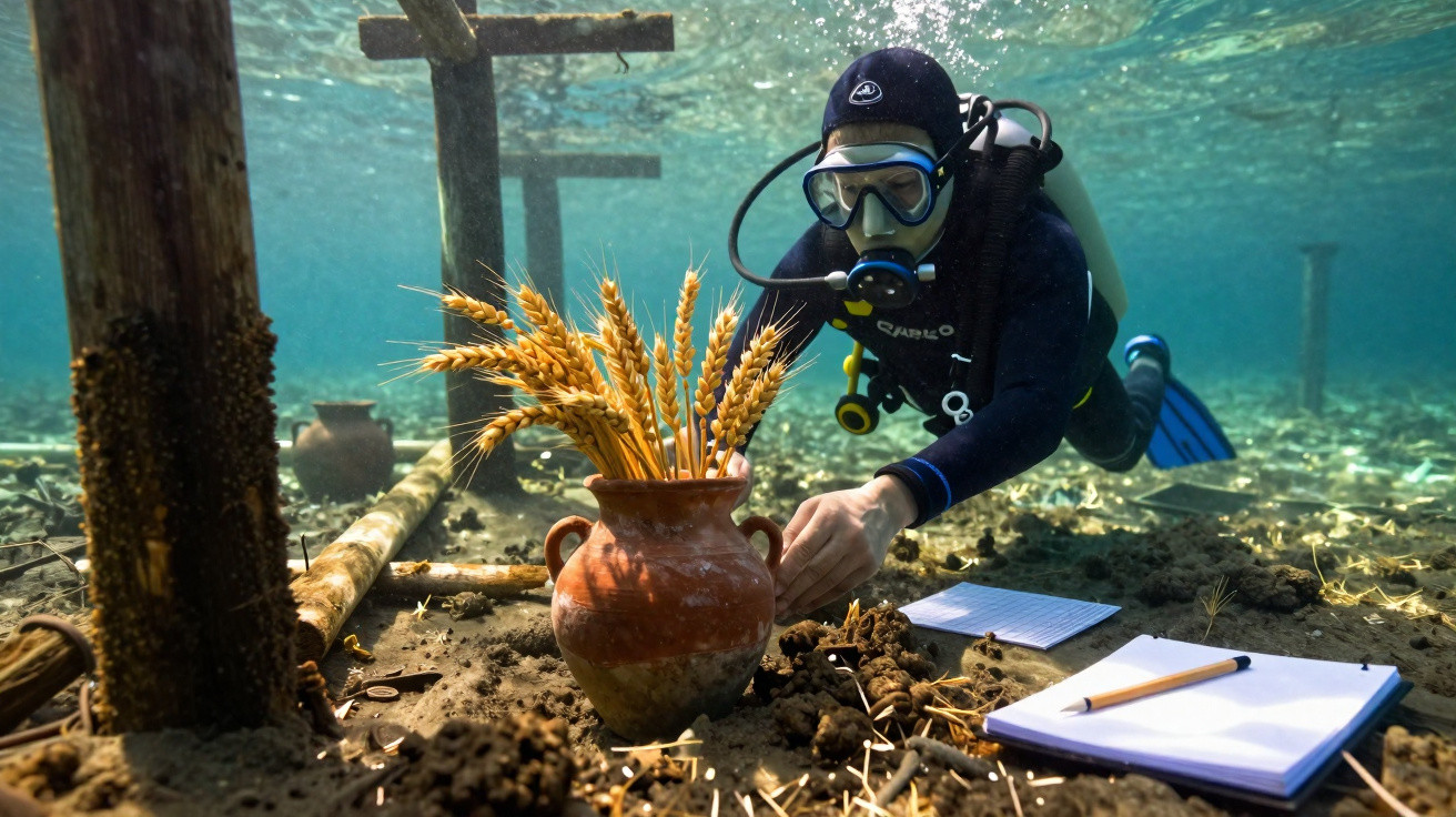 Scuba diver exploring an underwater archaeological site with ancient pottery and wheat stalks.