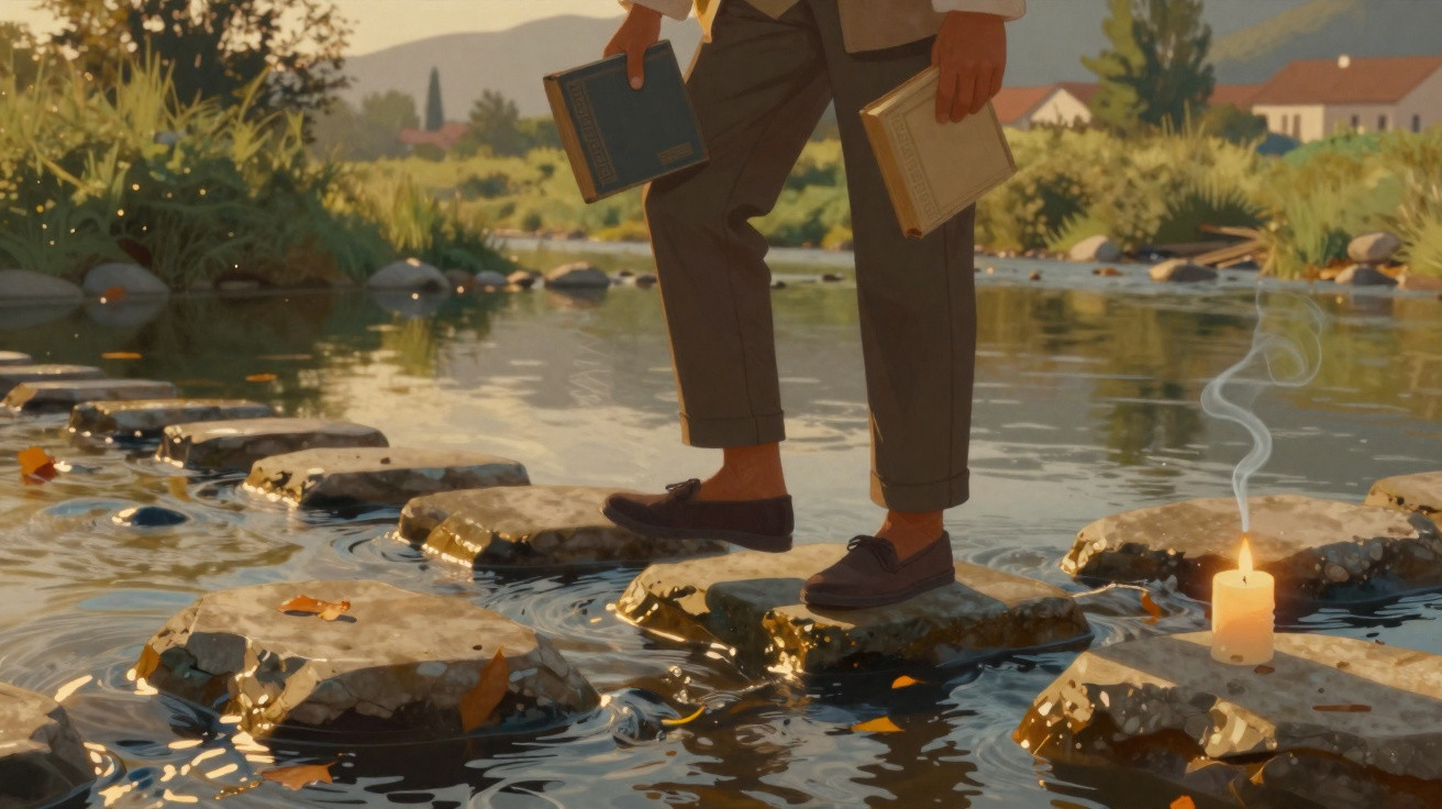 Person holding books walking on stepping stones across a shallow river with a lit candle on a stone.