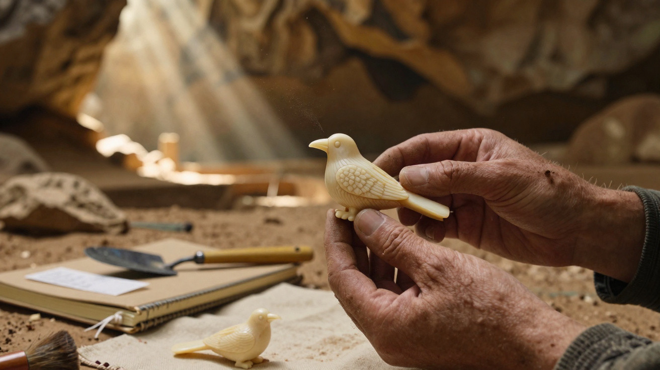 Hands holding a small carved bird figurine in a sunlit cave workshop with tools and another bird on a cloth.