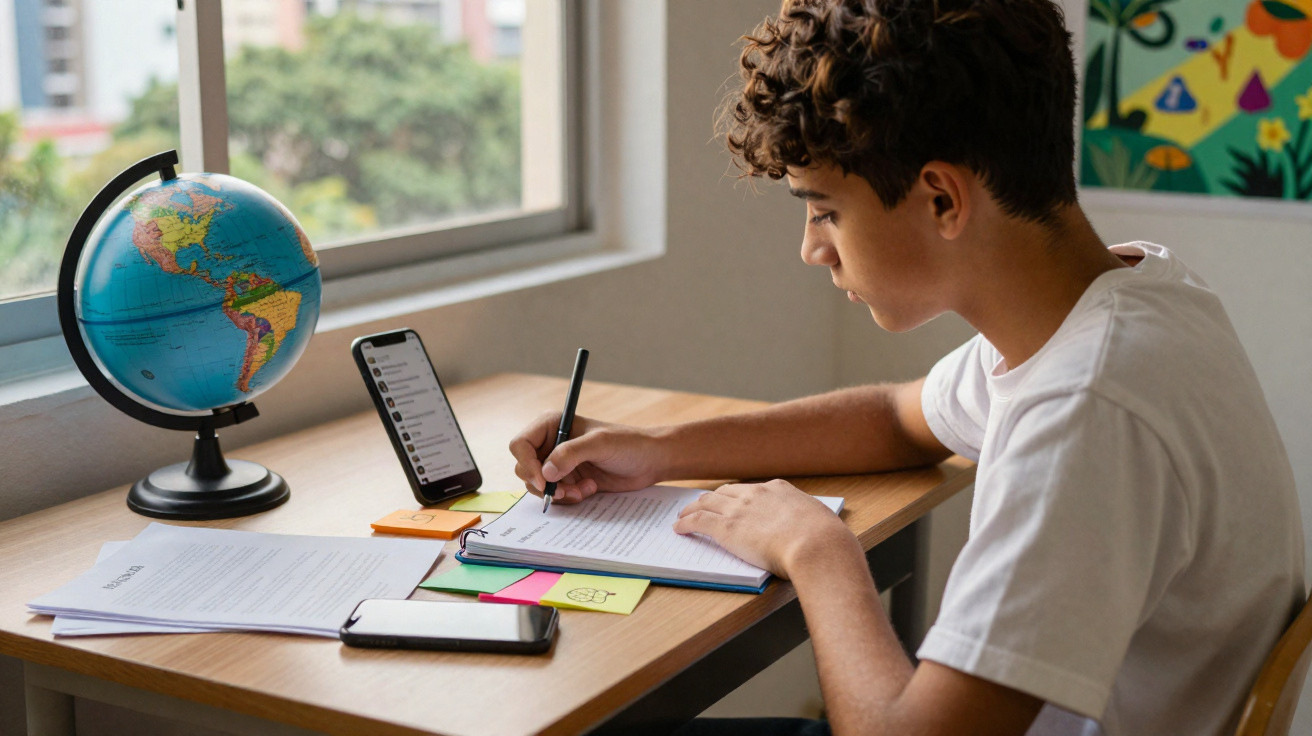 Teenage boy studying at desk with notebook, smartphone, papers, and globe by a window in a bright room.