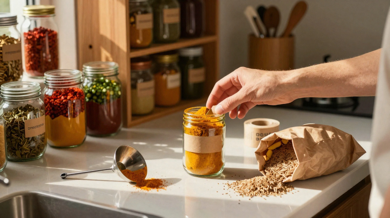 Hand placing a spice into a jar on a kitchen counter with spilled grains and various jars of spices nearby.