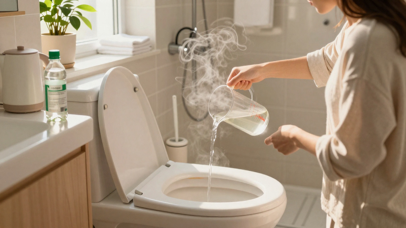 Person pouring hot steaming water from a measuring jug into a toilet bowl in a bright bathroom.