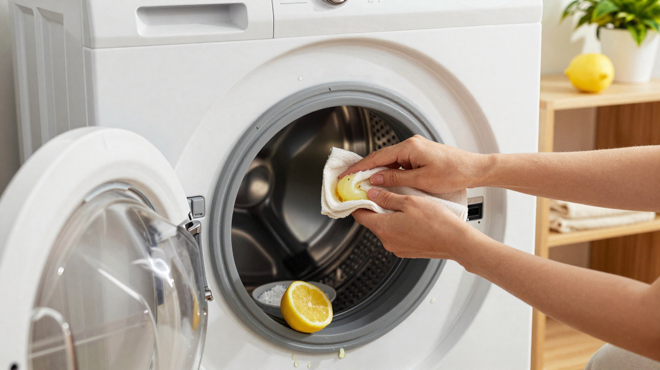 Hands cleaning the inside of a washing machine drum with a cloth and half a lemon.