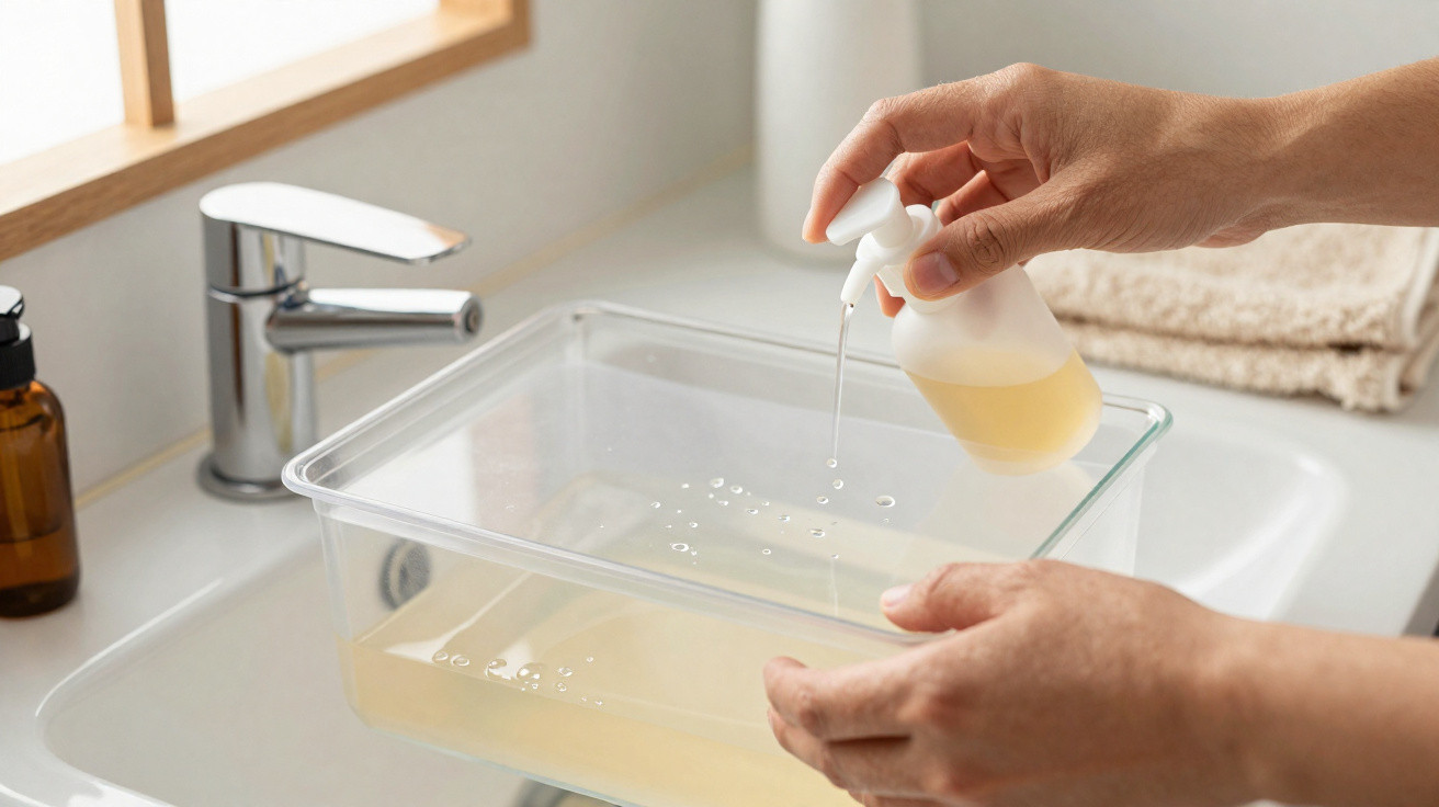 Hands dispensing liquid soap into a clear plastic container over a bathroom sink.