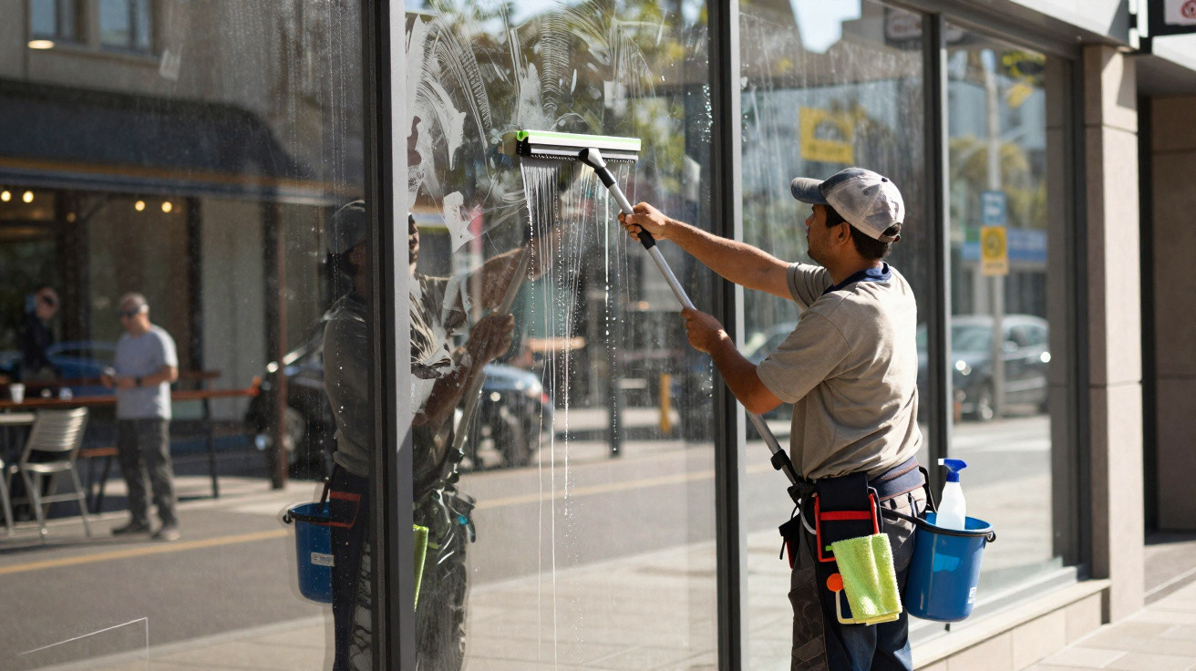 Man cleaning a large glass window of a shopfront with a squeegee on a sunny day.