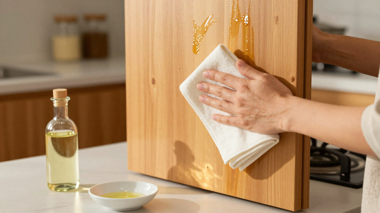 Person wiping honey spilled on a wooden board with a white cloth in a kitchen setting.