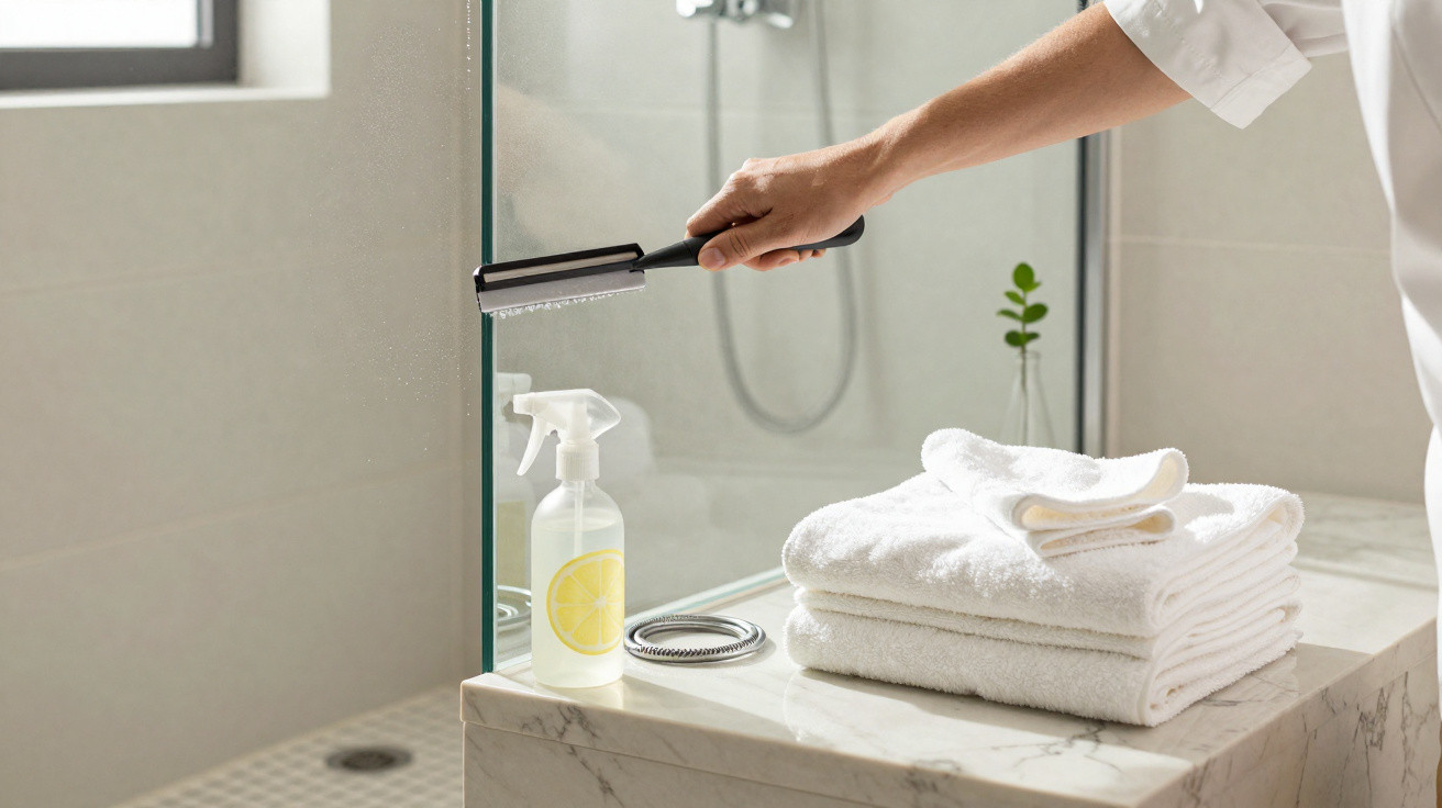 Person cleaning a glass shower door with a squeegee beside folded white towels and a lemon-scented spray bottle.