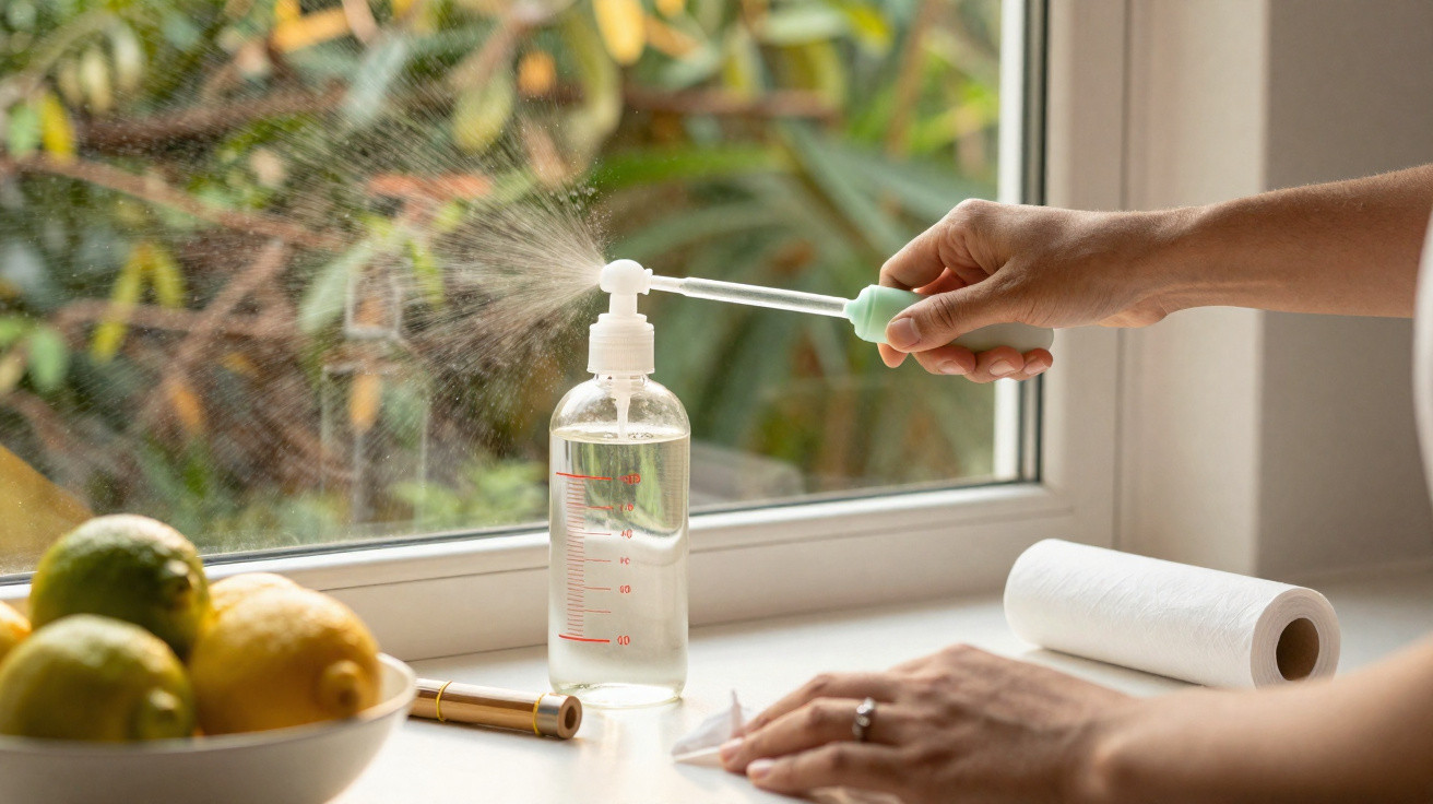Hand spraying cleaning solution from clear bottle onto window, with lemons and paper towel nearby on windowsill.