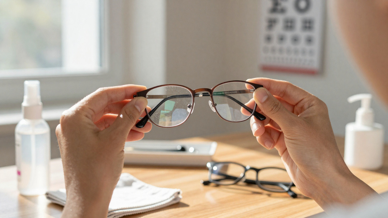 Person holding brown-rimmed eyeglasses with an eye chart, another pair of glasses, and cleaning supplies on a wooden table.