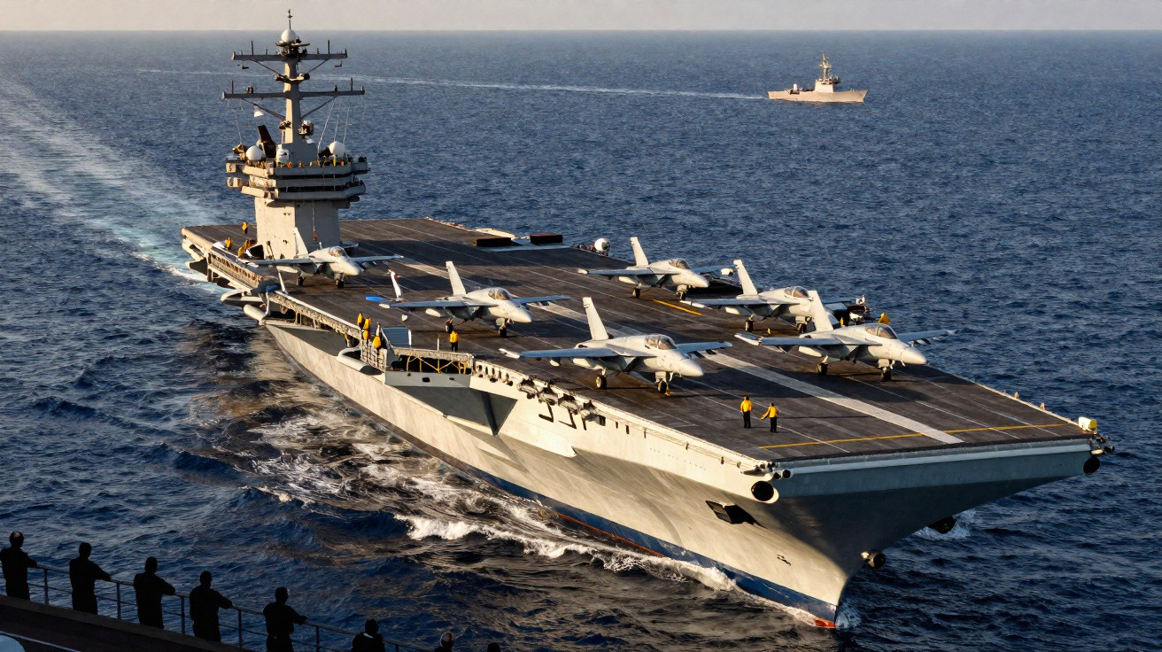 Aircraft carrier sailing on the ocean with multiple fighter jets on deck and crew members visible.