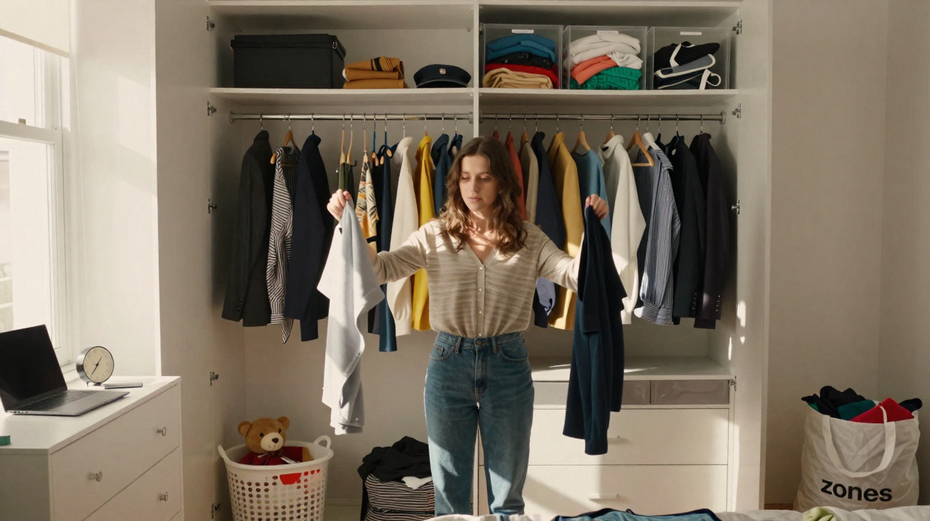 Woman standing in front of an open wardrobe holding two tops, with a laptop on a nearby dresser.