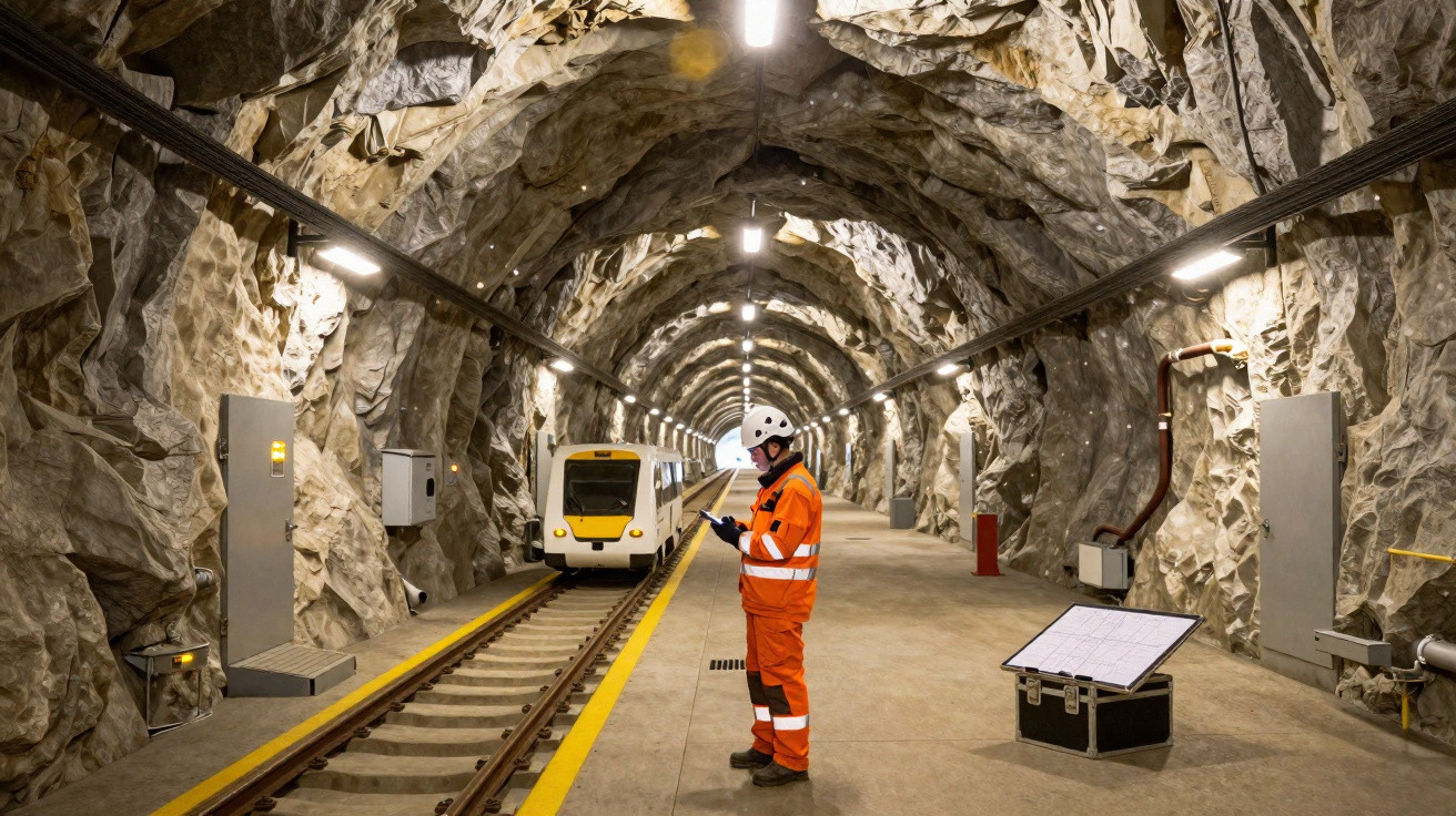 Worker in orange safety gear standing next to tracks with a small train in a well-lit rocky underground tunnel.