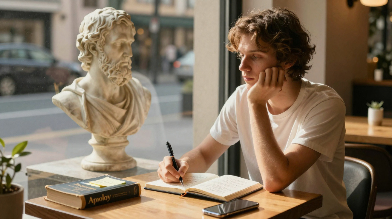 Young man in white t-shirt writing in a notebook at a wooden table with a classical bust and books nearby
