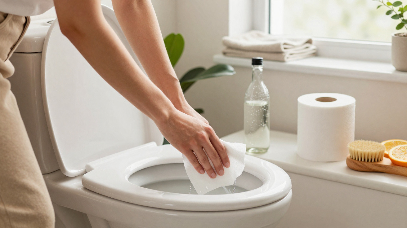 Person cleaning a white toilet bowl with a wet wipe in a bright bathroom.
