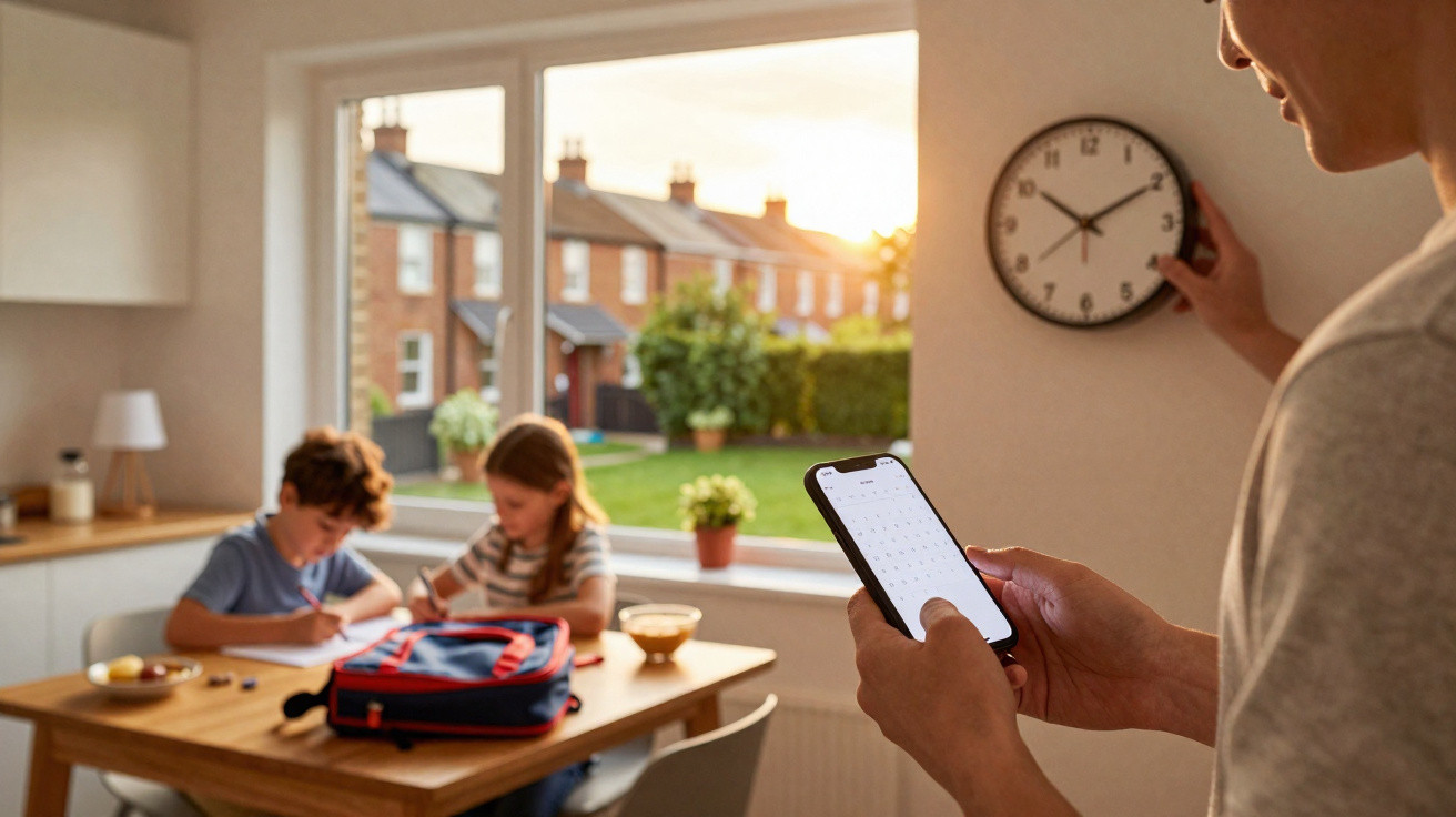 Parent checking time on wall clock and phone while children do homework at kitchen table in evening light