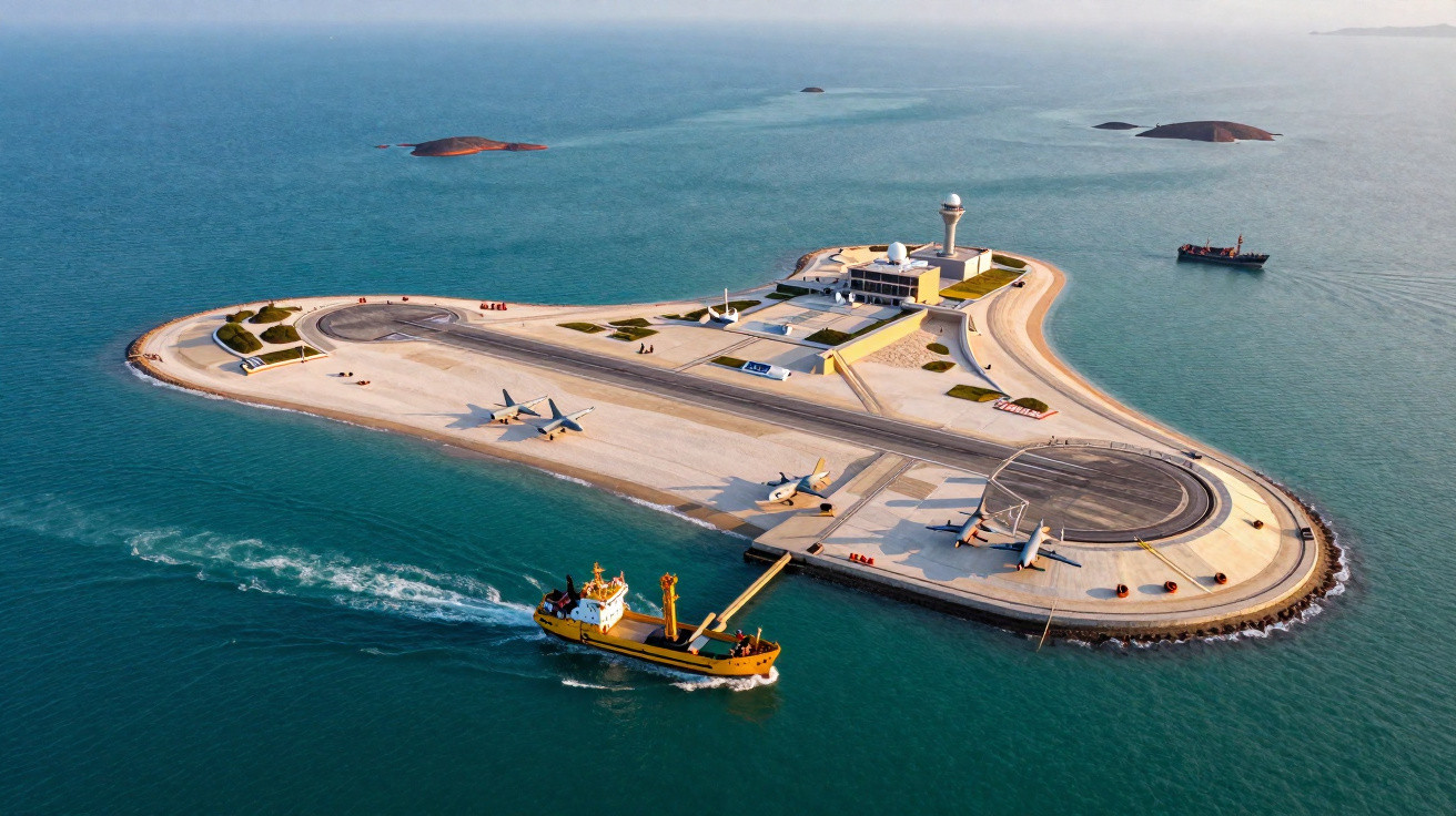 Aerial view of a small triangular airport island with planes parked and a ship sailing nearby.