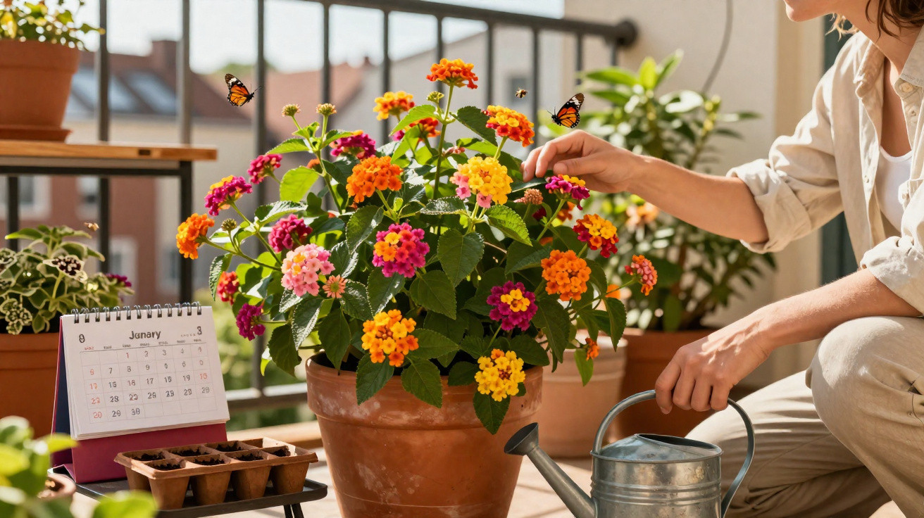 Person tending colourful flowers in a terracotta pot on a sunlit balcony with butterflies and a watering can nearby.