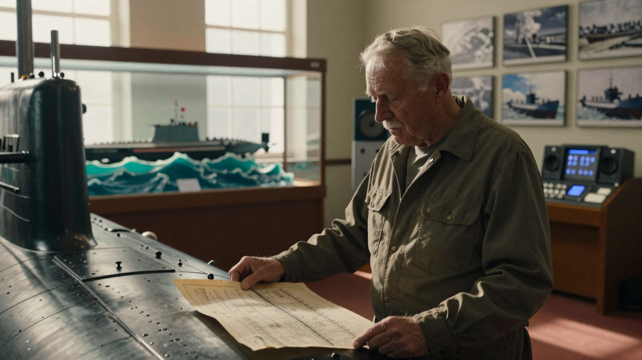 Elderly man examining submarine blueprints beside a large submarine model in a museum room.