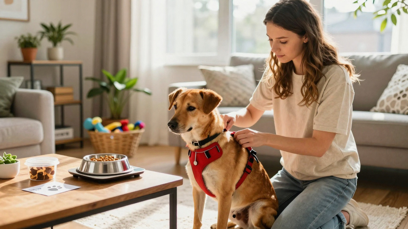 Woman kneeling on the floor fastening a red harness on a medium-sized brown dog in a bright living room.