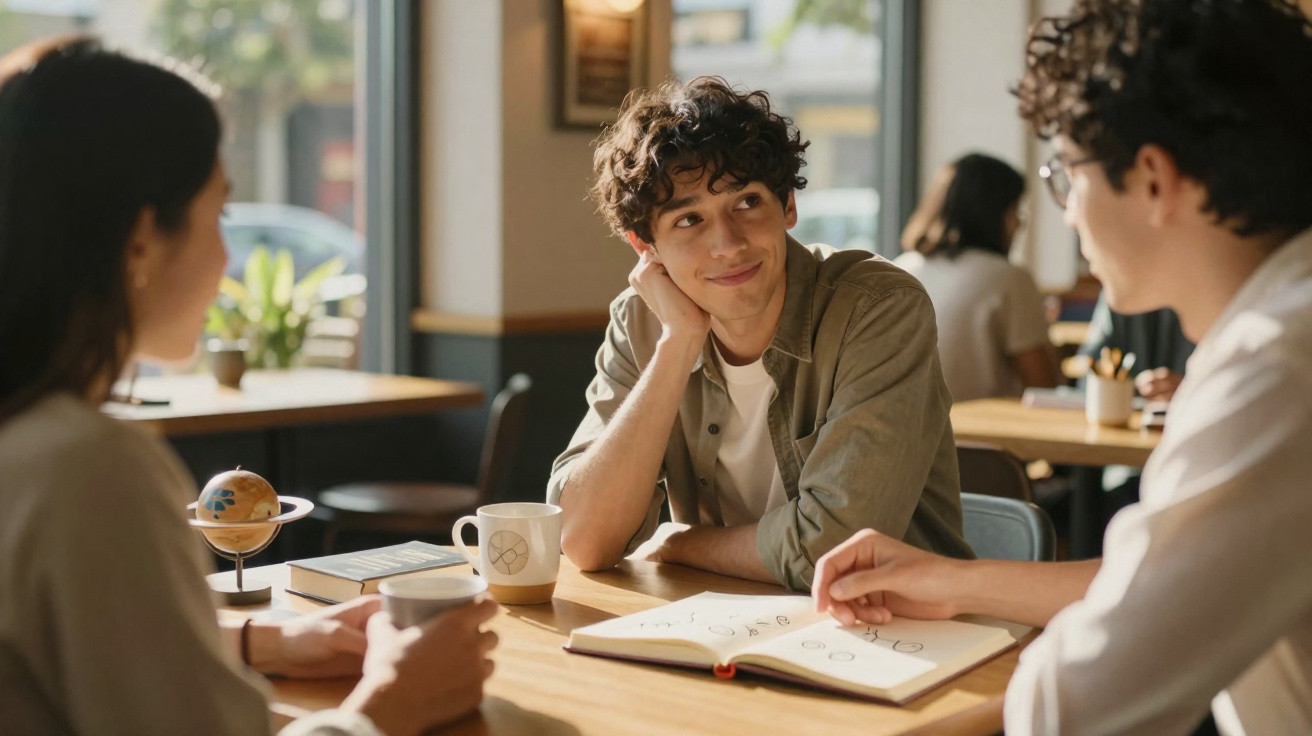 Three young adults sitting at a table in a café discussing and smiling with books and coffee mugs.