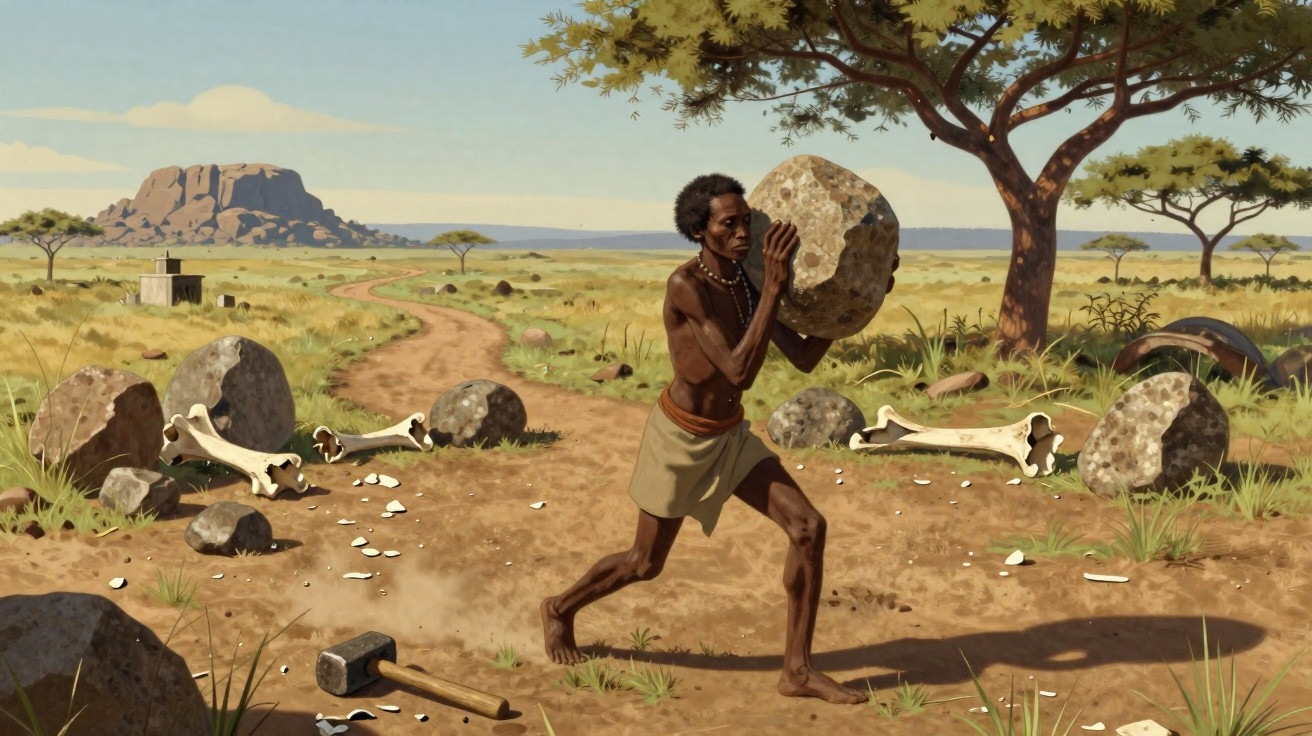 Illustration of an early human carrying a large stone in a prehistoric savannah landscape with bones and rocks scattered arou