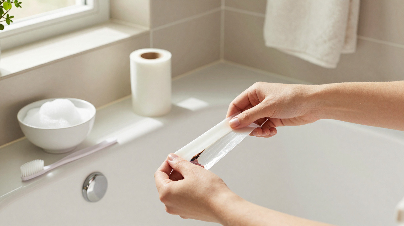 Hands holding a waxing strip with wax residue over a bathroom sink with toiletries nearby.