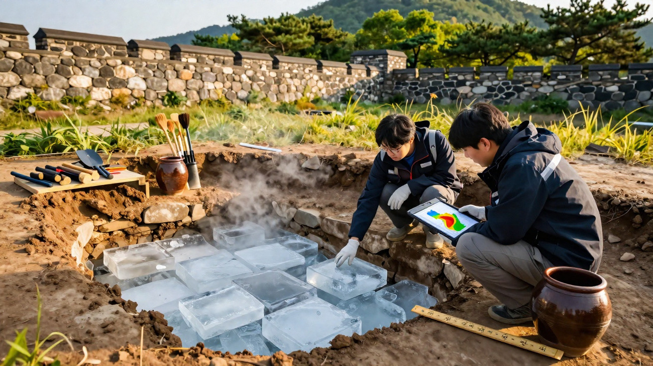 Two researchers examine steaming ice blocks arranged in a dug-out pit with tools nearby and a stone wall in the background.
