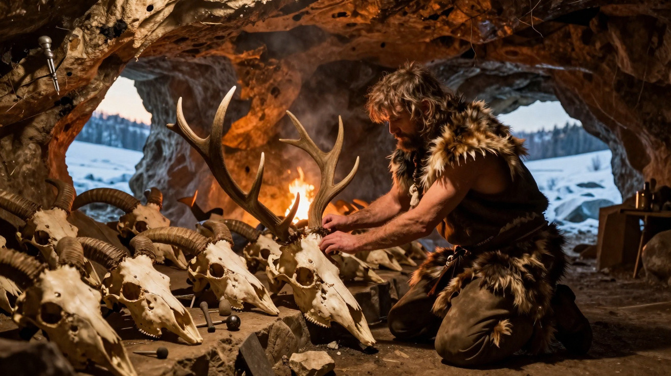 Caveman arranging large antlered animal skulls inside a dimly lit cave with snow visible outside.