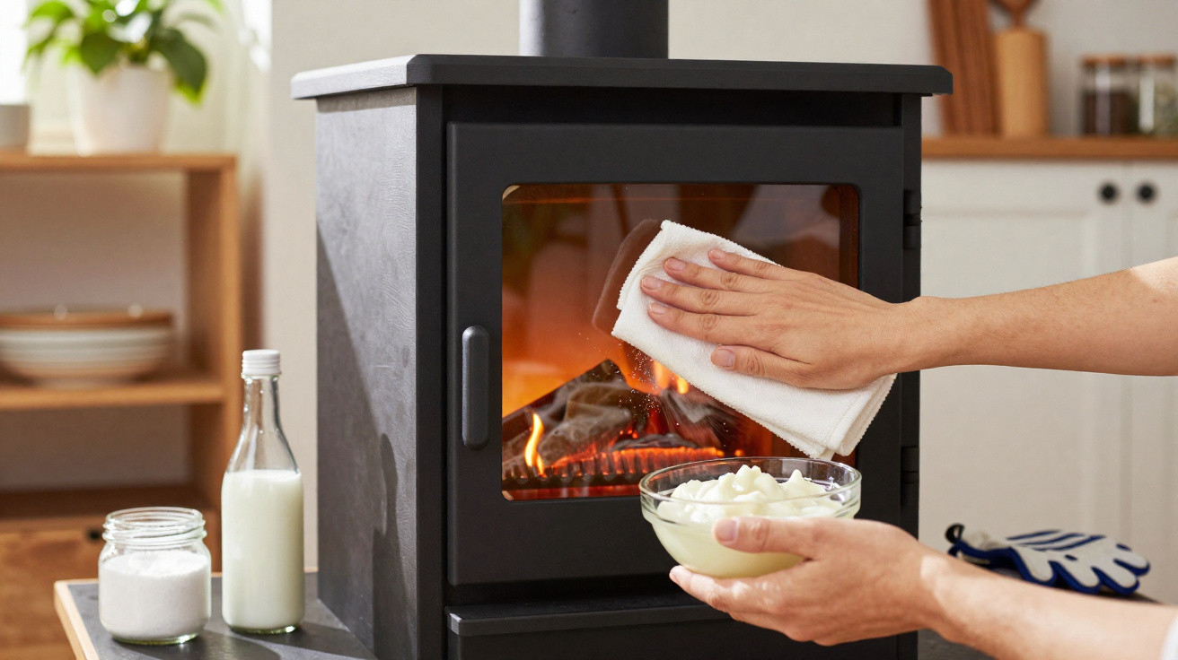 Person cleaning the glass door of a black wood-burning stove with a cloth and bowl of cleaning paste nearby.