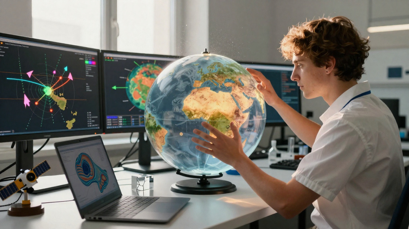 Young man in white shirt examining a globe with maps and satellite data on computer screens in a modern office.