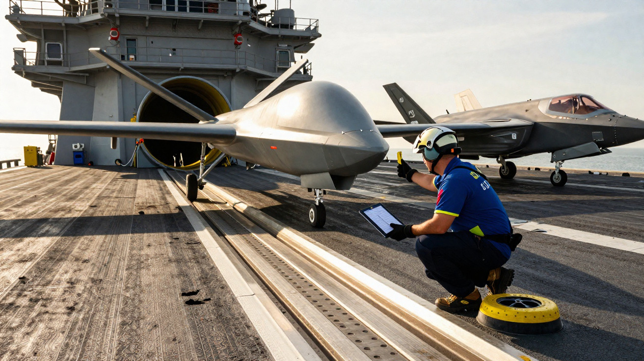 Military personnel inspecting an unmanned drone and a fighter jet on an aircraft carrier deck at sunset.